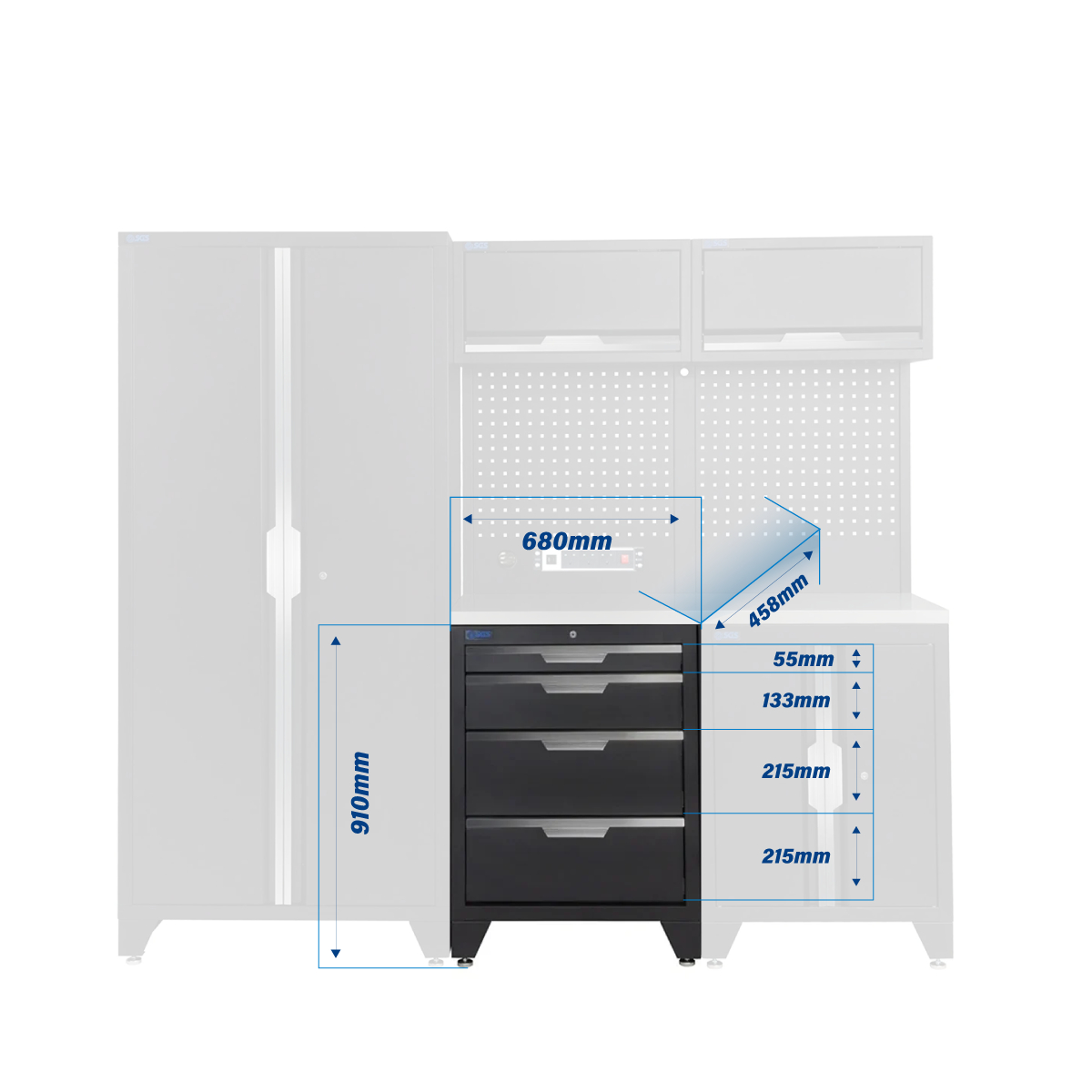 SGS 7pc Modular Garage Storage | 4 Drawers | Stainless Steel Worktop | Floor Cabinet | 2x Upper Cabinets | Tall Double Cabinet | Pegboard with Power Strip